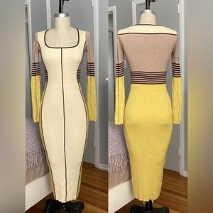 Womens Fashion Nova color block long dress in size M, biege/ brown/ chartreuse